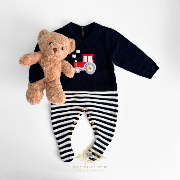 Other - NWT Cute Boys Knit Sweater One-piece Bodysuits Footie Farm Tractor Navy Newborn